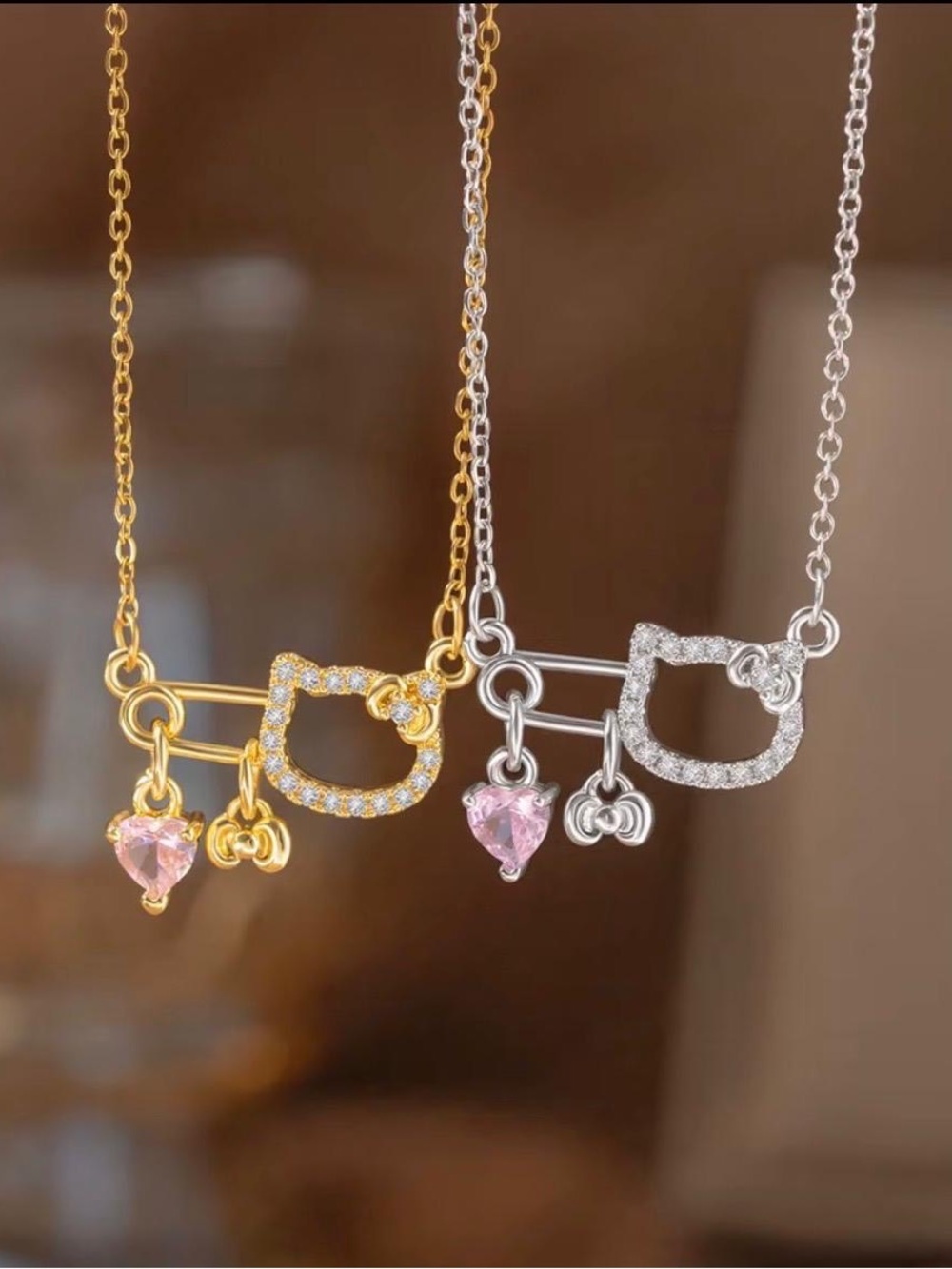 Hello Kitty Pink Heart Charm Safety Pin Necklace - Gold or Silver Tone